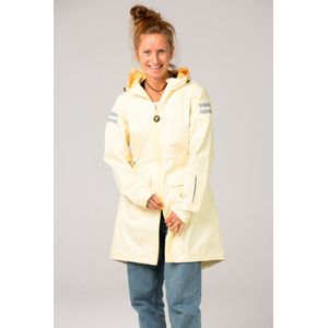 Ducksday - Regenjas Dames - Waterdicht - Parka met Capuchon - Reflecterend - Half Lang Model - Gevoerd - Lemonade - Licht geel met wit - Maat Medium 38/40