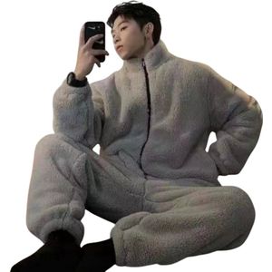 Koraal Fleece Warme Pyjama Set voor Mannen: 2-Piece Outfit met Ronde Hals - Effen Kleur - Wintermode Maat XL - Comfortabele Nachtkleding, Pyjama's voor Mannen, Mode voor Thuis