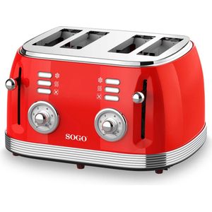 SOGO Retro Broodrooster - Toaster - Ontdooifunctie - 6 Warmteniveaus - 4 Sneden - 1550W - Rood
