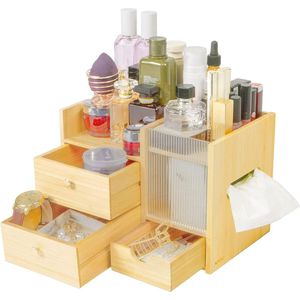 Bamboe cosmetica-organizer, multifunctioneel, 4 laden, juwelenkistje, opbergbox kantoor, natuur