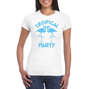 Bellatio Decorations Tropical party T-shirt dames - met glitters - wit/blauw - carnaval/themafeest L