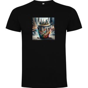 Zwart T-Shirt met “Kleurrijke Bongo drums – Afrikaans – Dansen – Muziek – Vrolijk “ Print Full Color Maat 4XL
