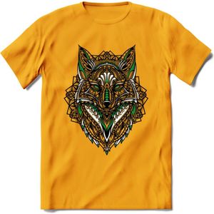 Vos - Dieren Mandala T-Shirt | Groen | Grappig Verjaardag Zentangle Dierenkop Cadeau Shirt | Dames - Heren - Unisex | Wildlife Tshirt Kleding Kado | - Geel - XXL
