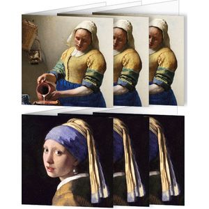 UNIEK & STIJL- luxe grote kunstkaarten- set van 6 (2 x 3) gevouwen kaarten 14.8 x 14.8 incl. envelop- Johannes Vermeer- Melkmeisje- Meisje met de parel-luxe blanco kaarten- kaarten Oud Hollandse- unieke kaarten Meesters