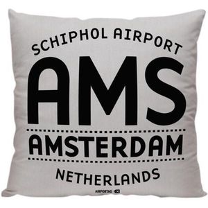 Amsterdam Letters (AMS) - Sierkussen - Kleur Grijs - 40 x 40 cm - Reizen / Vakantie - Reisliefhebbers - Voor op de bank/bed