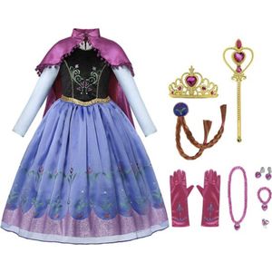 Prinsessenjurk meisje - Anna jurk - verkleedkleding meisje - Het Betere Merk - Lange roze cape - Maat 92/98 (100) - Carnavalskleding - Kroon - Toverstaf - Juwelenset - prinsessen handschoenen - Verkleedkleren - Kleed
