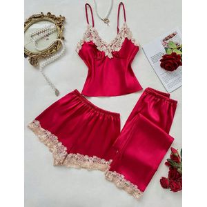 Pyjama Set – 3-delig – Bordeaux Rood – Met Kantafwerking – Maat M