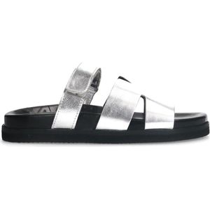 Sacha - Dames - Zilveren leren slippers met klittenband - Maat 36