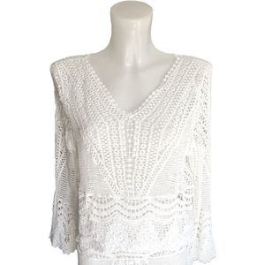 Trui-3/4 mouw-Gehaakt-Bohemian-Boho style-100% Katoen- one size-Ecru