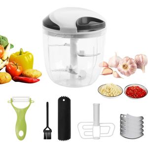 Handmatige hakmolen 900 ml uiensnijder, handmatige mini-hakmolen met 5 roestvrijstalen messen, handmatige blender, voor uien, knoflook, vlees, groenten, fruit