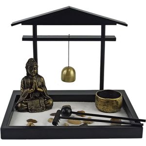 Zentuin met gong - Kantoor tuintje met Boeddha, gong, zand, stenen, waxinelichthouder en harkje