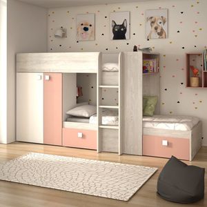 Beau - Stapelbed - Roze/Wit - Inclusief Kledingkast en Lades