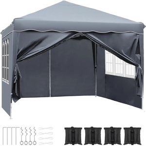 Tent - Waterdichte Partytent 3x3 meter opvouwbaar - Paviljoen met zijpanelen - Partytent - Easy up - Pop-up Tent met haringen, touw en anti slip poten - Grijs