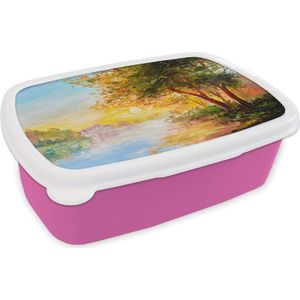 Broodtrommel Roze - Lunchbox - Brooddoos - Natuur - Schilderij - Boom - Water - 18x12x6 cm - Kinderen - Meisje