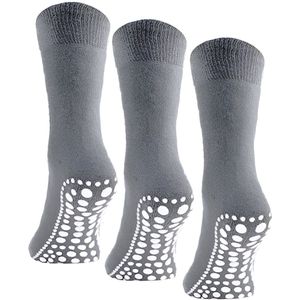 Budino® Huissokken Anti Slip Set - 3 paar - Dikke Antislip Sokken - Gripsokken - Dikke Yoga Pilates Sokken - maat 35-38 - Grijs