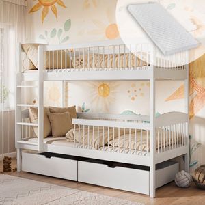 Kinderbed - Hoogslaper - Wit - Massief Grenenhout - Incl. 2 Matrassen en 2 Laden