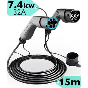 LOADY - Laadkabel type 2 – 15 Meter kabel - 2 jaar Garantie - Geschikt voor 99% van de Hybride & Elektrische Auto’s – Laadkabel Type 2 – 1 Fase – 32 Ampère – 7,4KW –