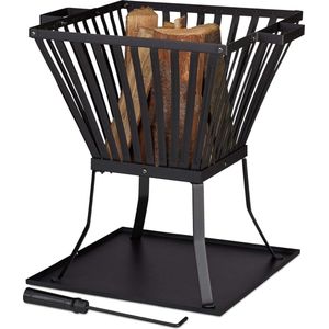 Vuurkorf XL met pook en onderplaat voor hout - Terras en Tuin - HBD 56x56.5x45cm Zwart