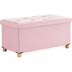 Zitkist, zitkruk, voetenbank met opbergruimte en deksel met houten poten, 76 x 38 x 38 cm, roze