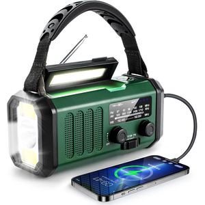 Noodradio - FM/AM - Handbediende radio met zonnepaneel - Op zonne-energie werkende veer - Powerbank van 10.000 mAh - Op zonne-energie werkend - Oplaadbare zaklamp - Geschikt voor kamperen, overleven in de wildernis en noodhulp - Militair groen