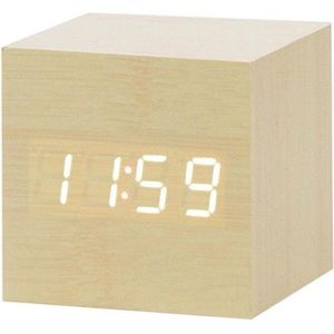 Houten wekker Kubus - Beige - Digitale wekker - Thermometer - Dimbaar – Cube klok clock - Gratis Adapter - Draadloos