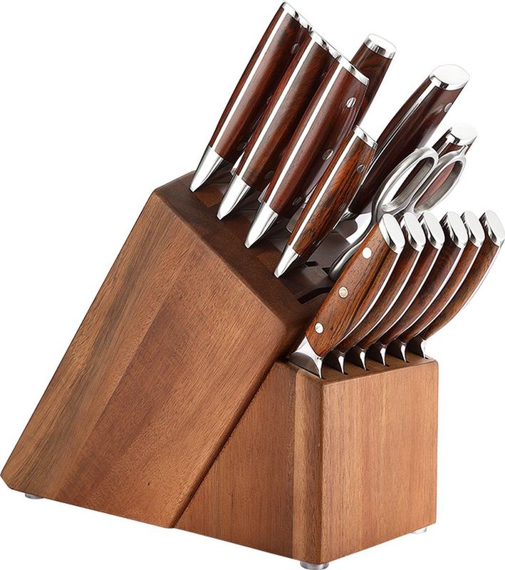 Xinzuo B27 Yi - Messenset - 15-delig - Damascus Staal - Rozenhouten Handgrepen - Inclusief Acaciahouten Messenblok