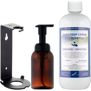 Zeepdispenser 300 ml amber bruin hervulbaar + 1 liter Handzeep Crème Eucalyptus navulling (inclusief beugel)