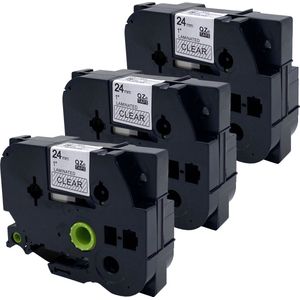 DULA Brother Compatible label tape- Tze-151 - 3 cassettes - Brother P-Touch - Zwart op transparant - 24mm x 8m