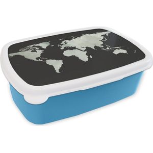 Broodtrommel Blauw - Lunchbox - Brooddoos - Wereldkaart - Grijs - Zwart - 18x12x6 cm - Kinderen - Jongen