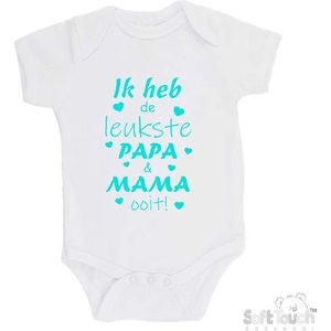 100% katoenen Romper ""Ik heb de leukste papa & mama ooit!"" Unisex Katoen Wit/aquablauw Maat 56/62