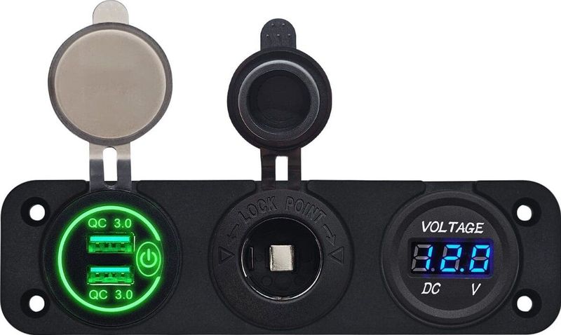 ProRide - 12V USB Autolader - Groen - 2 Poorten - QC3.0 - Voltmeter en 12V/24V Sigarettenplug - Drievoudig inbouw