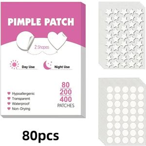 80 stuks Watergel Ster & Ronde Puistjespleisters - Onzichtbaar, Alcoholvrij, Geurvrij, Hypoallergene Pleisters voor Licht Beige Huid, 24U Dagelijkse Bescherming, Niet-Uitdrogende Veilige Gezichtspleisters voor Alle Typen, Mannen & Vrouwen