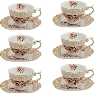 HAES DECO - Kop en Schotel set van 6 - inhoud 200 ml - kleuren Wit / Roze / Beige - Bedrukt Porselein met Bloemen - Theeservies, Koffieservies, Theekoppen, Koffiekoppen, Cappuccino