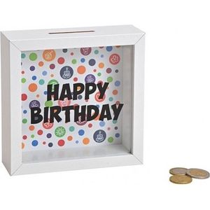 Houten witte spaarpot met glas 15 cm - Houten noodbox spaarpotten - Cadeau idee