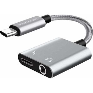 YAOMAISI Q17 12cm 2.4A-uitgang 3,5 mm vrouwelijk + USB-C / Type-C vrouwelijk naar USB-C / Type-C mannetje Opladen + Audio-adapter, voor Galaxy S8 & S8 + / LG G6 / Huawei P10 & P10 Plus / Oneplus 5 / Xiaomi Mi6 & Max 2 en andere smartphones (zilver)