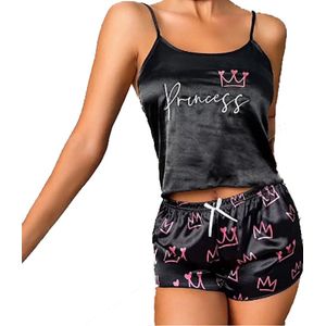 Pyamaset Princess – Topje en Shorts – Zwart/Roze maat M - Nachtmode Dames