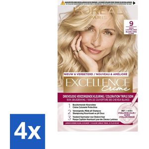 L'Oréal Paris - Excellence Crème - Zeer Lichtblond 9 - Haarverf - Permanente Haarkleuring - Voordeelverpakking - 4 stuks