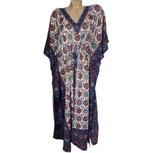 Kaftan bloemenprint 1081 met aantrekkoord onesize 36-50 petrol/wit/roze/geel