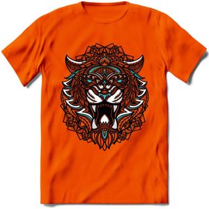 Tijger - Dieren Mandala T-Shirt | Lichtblauw | Grappig Verjaardag Zentangle Dierenkop Cadeau Shirt | Dames - Heren - Unisex | Wildlife Tshirt Kleding Kado | - Oranje - 3XL