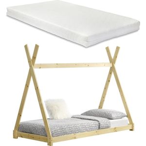 Kinderbed Gareth - Tipi - Met bedbodem en matras - 90x200cm - Houtkleurig - Jongensbed - Meisjesbed - Modern Design