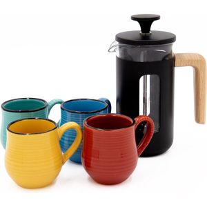 5-delige French Press koffieset met zwarte 3-kops Cafetière en vier Mysa keramische espressokopjes