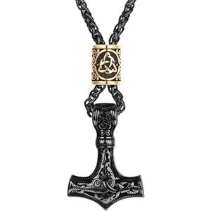 Zwarte/Zilveren Halsketting met Thor's Hamer en Keltische Knoop voor Heren