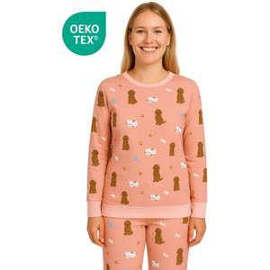 Happy Pyjama’s dieren dames pyjama set Honden & Katten – lichtroze – 2-delig (lange mouwen & lange broek) – maat S
