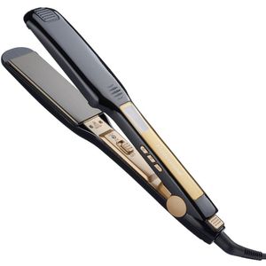 Stijltang, stijltang, multifunctionele krultang, stijltang met clip, professionele keramische stijltang, vermindert pluis, glanzend en glad, hittestylingtool, zwart goud