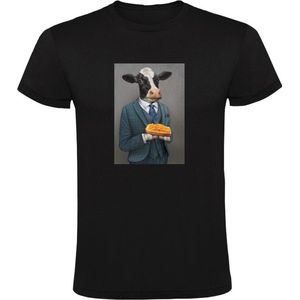 Koe in pak met tosti Heren T-shirt - dieren - eten - kunst - schilderij - grappig