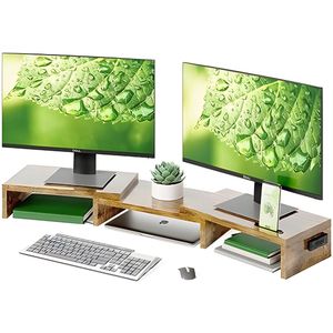Verstelbare Houten Monitorstandaard met Smartphonehouder, Bureaublad Organizer voor PC Monitor, Laptop en Printer