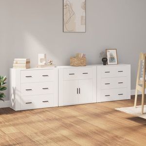 The Living Store Dressoirs Basic - Set van 3 - Wit - 80 x 33 x 70 cm - Bewerkt hout