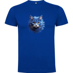 Kobalt Blauw T-Shirt met “Kleurrijk Kitten / jonge poes“ Print Full Color maat 104 / 3/4 jaar