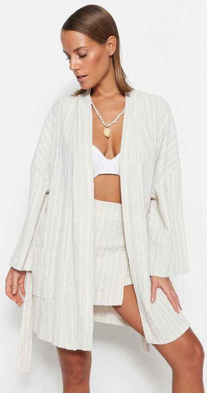 Trendyol Geweven Mini-Kimono En Kaftan Met Bruine Riem Tbess23Km00081