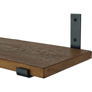 GoudmetHout - Massief eiken wandplank - 180 x 25 cm - Donker Eiken - Inclusief industriële plankdragers L-vorm UP mat zwart - lange boekenplank